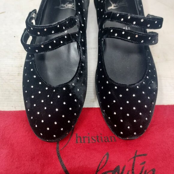 Christian Louboutin Black Velvet Bejeweled Sweet Jane Buckle Flat Shoe - Picture 8 of 12